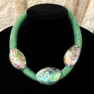 Iridescent Green Abalone Seashell triple pendant statement necklace